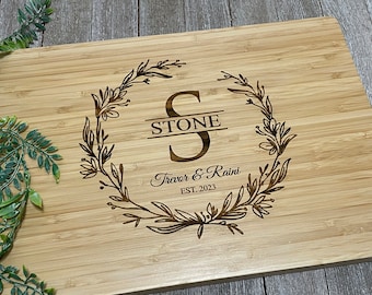 Personalized Floral Wedding Monogram Cutting Board | Floral Design Split Monogram