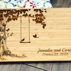 Personalized Cutting Board, Custom Wedding Gift, Love Birds on Swing, Anniversary Gift, Chopping Block, Gift for Couple, Bridal image 2