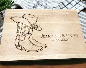 Personalized Cutting Board, Cowboy Boots, Cowboy Hat, Rustic Cutting Board, Country Wedding, Rustic Wedding, Western cutting Board