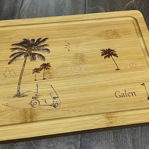 Wood Cutting Board, Gift for Golfers, Golf Cart, Palm Trees, Retirement Gift, Wedding, Anniversary, Tee Time, Gift for Him, Golf Cart