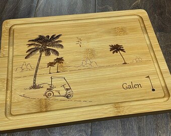 Wood Cutting Board, Gift for Golfers, Golf Cart, Palm Trees, Retirement Gift, Wedding, Anniversary, Tee Time, Gift for Him, Golf Cart