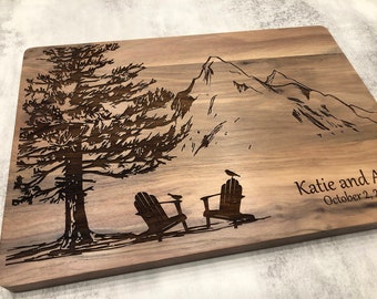 Personalized Cutting Board Custom Wedding Gift Pine Tree with Mountains Adirondack Chairs Cheese Board Chopping