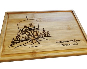 Personalized Cutting Board Ski Couple Snowboarder Chair Lift Snowboard Skis Skier Wedding Present Anniversary Bridal Shower Mountain Art Sn