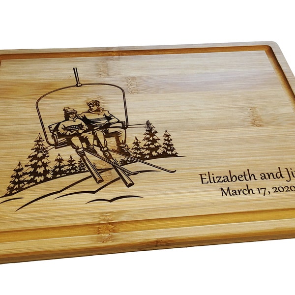 Personalized Cutting Board Ski Couple Snowboarder Chair Lift Snowboard Skis Skier Wedding Present Anniversary Bridal Shower Mountain Art Sn