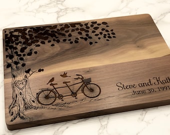 Personalized Cutting Board, Tandem Bike, Bridal Shower, Engagement Gift, Wedding, Anniversary, Bicycle, Custom Cheese Board, New Home