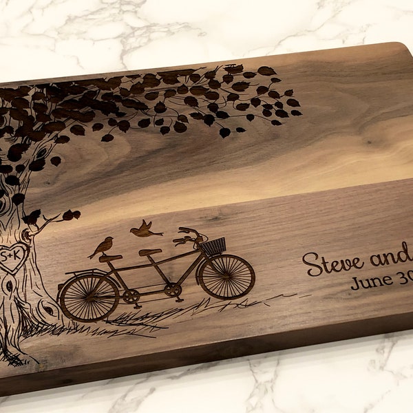 Personalized Cutting Board, Tandem Bike, Bridal Shower, Engagement Gift, Wedding, Anniversary, Bicycle, Custom Cheese Board, New Home