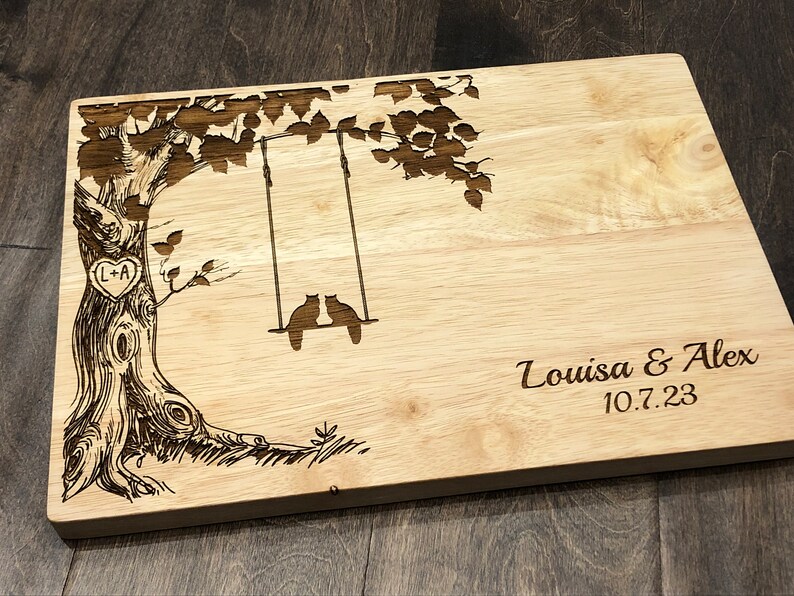 Personalized Cutting Board, Cats on Swing, Custom Cheese Board, Wedding Gift, Anniversary, Bridal Shower, Cat Lover Gift , New Home image 1