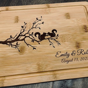 Personalized Cutting Board, Squirrels on Tree Branch, Custom Wedding Anniversary Gifts Engagement Gift New Home Cheese Board Chopping