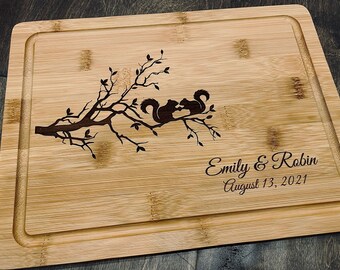 Personalized Cutting Board, Squirrels on Tree Branch, Custom Wedding Anniversary Gifts Engagement Gift New Home Cheese Board Chopping