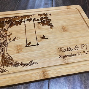 Personalized Cutting Board, Custom Wedding Gift, Love Birds on Swing, Anniversary Gift, Chopping Block, Gift for Couple, Bridal image 3