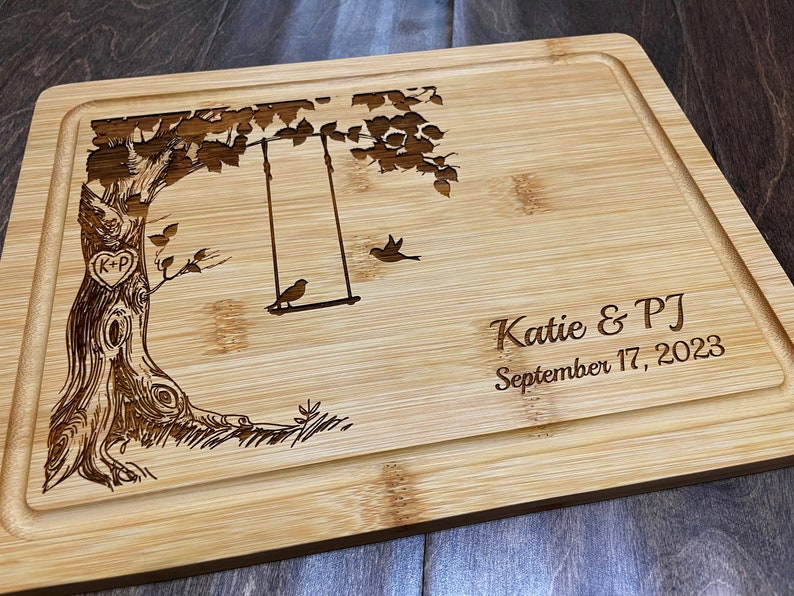 Personalized Cutting Board, Custom Wedding Gift, Love Birds on Swing, Anniversary Gift, Chopping Block, Gift for Couple, Bridal image 3