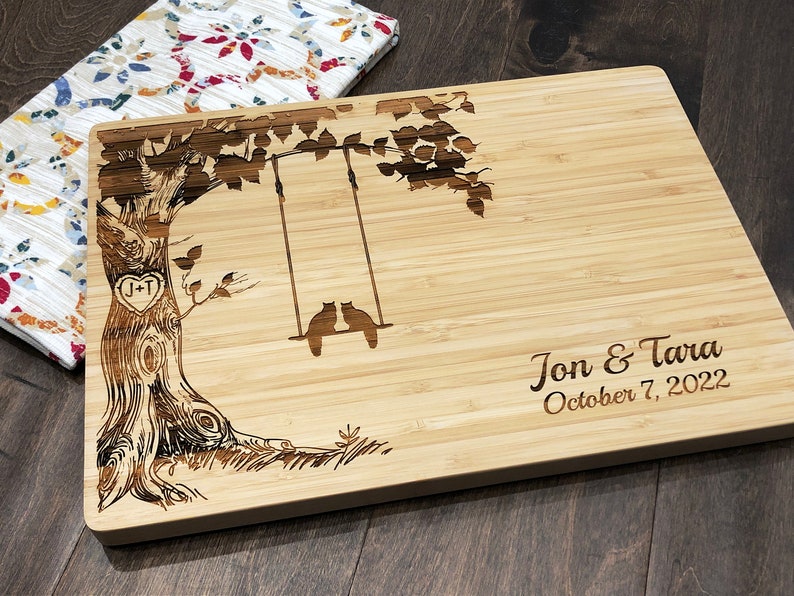Personalized Cutting Board, Cats on Swing, Custom Cheese Board, Wedding Gift, Anniversary, Bridal Shower, Cat Lover Gift , New Home image 2