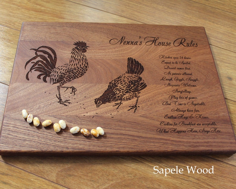 Personalized Cutting Board Grandma/'s Rules Mother/'s Day Gift for Mom Kitchen Decor Chickens Rooster and Hen Rustic Decor