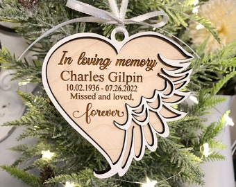 Memorial Christmas Ornament Heart with Angel Wing In Loving Memory Personalized