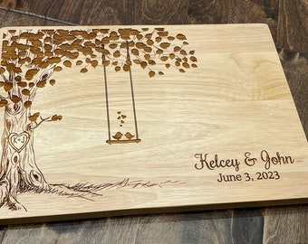 Personalized Cutting Board, Custom Wedding Gift, Anniversary, Wood Chopping Block, Love Birds on Swing, Tree with Heart, Engagement Present