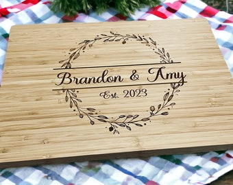 Personalized Floral Monogram Cutting Board | Custom Wedding Gift | Engraved Names and Date | Rustic Kitchen Decor
