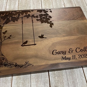 Personalized Cutting Board, Custom Wedding Gift, Love Birds on Swing, Anniversary Gift, Chopping Block, Gift for Couple, Bridal image 1