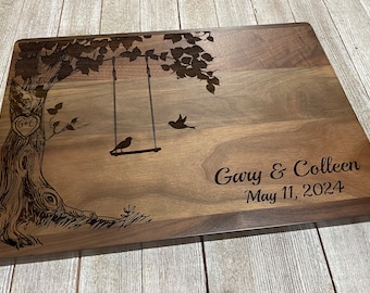 Personalized Cutting Board, Custom Wedding Gift, Love Birds on Swing, Anniversary Gift, Chopping Block, Gift for Couple, Bridal