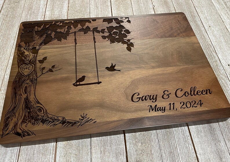 Personalized Cutting Board, Custom Wedding Gift, Love Birds on Swing, Anniversary Gift, Chopping Block, Gift for Couple, Bridal image 1