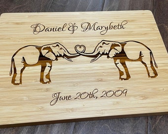 Personalized Cutting Board Elephant Couple Custom Cheese Board Wedding Gift Anniversary, Bridal Shower, New Home Gift, Elephant Heart Trunks