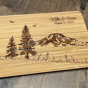 Mount Rainier Personalized Cutting Board Custom Wedding Gift Pine Trees with Mountains Climbing Hikers Custom Cheese Board Bridal Shower