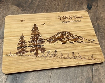 Mount Rainier Personalized Cutting Board Custom Wedding Gift Pine Trees with Mountains Climbing Hikers Custom Cheese Board Bridal Shower