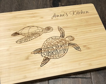 Personalized Wood Cutting Board Sea Turtle Wedding Present Bamboo Cutting Board