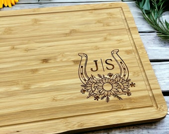 Horseshoe with flowers personalized cutting board