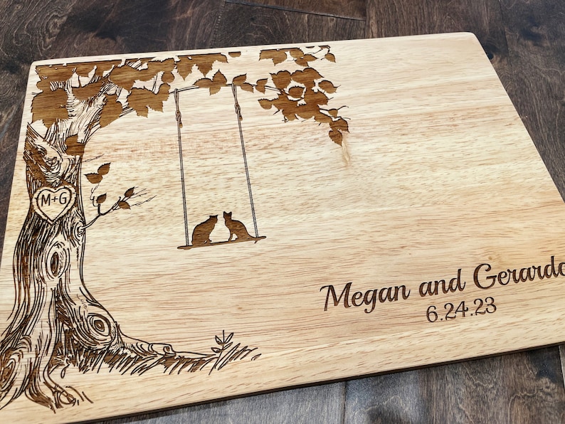Personalized Cutting Board, Cats on Swing, Custom Cheese Board, Wedding Gift, Anniversary, Bridal Shower, Cat Lover Gift , New Home image 9