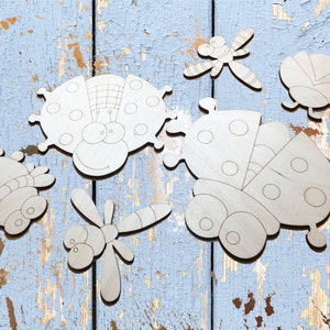 Comical Cute Fun INSECTS Wood Cutouts - Lady Bug Dragonfly - Craft Projects, Unfinished Cut Outs, Kids Room Nursery, DIY Paint Your Self