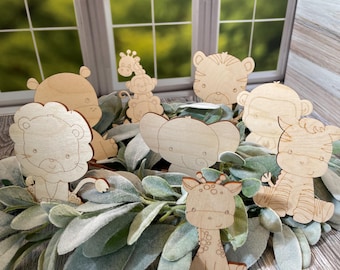 Baby Animals Wood Cutouts - Lion, Tiger, Giraffe Elephant - Craft Projects, Unfinished Wood Cut Outs, Kids Room Nursery, DIY Paint Your Self