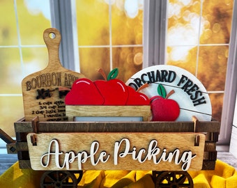 Apple Picking Shelf Sitter, Wood Wagon, Raised Shelf, Wood Crate, Mantel Decor, Tiered Tray Inserts, Apple Decor, Home Decor