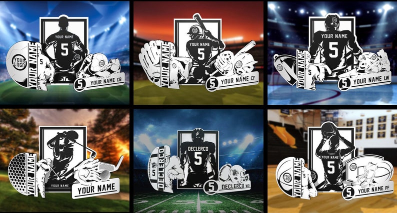 May include: Black and white sports-themed designs with athlete silhouettes and equipment. Each design includes the text "YOUR NAME" and the number "5". Sports include baseball, football, hockey, basketball, golf, and soccer.