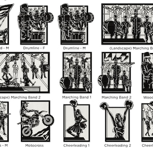 May include: A series of black and white cut-out designs depicting various subjects. The designs include marching band members, cheerleaders, a motocross rider, and a colour guard. Each design is framed and labelled with a descriptive title.