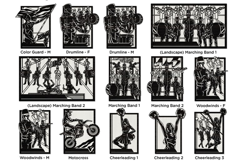 May include: A series of black and white cut-out designs depicting various subjects. The designs include marching band members, cheerleaders, a motocross rider, and a colour guard. Each design is framed and labelled with a descriptive title.