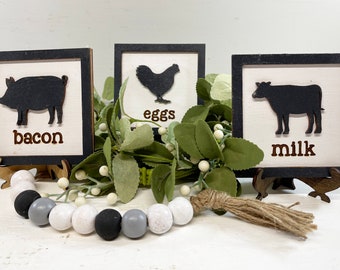 Farmhouse Tiered Tray Decor, 4X4 Wood Signs, Farmhouse Shelf Sitter, Cow Decor, Chicken Decor, Pig Decor, Farm Decor, Two-Layered Small Sign