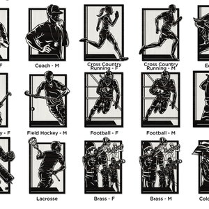 May include: A series of black and white silhouette artworks showcasing different sports and activities. The images feature coaches, runners, football players, equestrians, hockey players, lacrosse players, brass band members, and a colour guard.