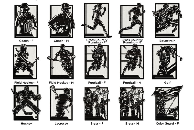 May include: A series of black and white silhouette artworks showcasing different sports and activities. The images feature coaches, runners, football players, equestrians, hockey players, lacrosse players, brass band members, and a colour guard.