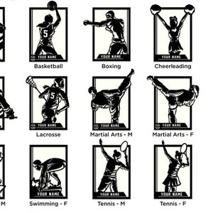 May include: Black and white silhouette designs of various sports figures, including baseball, basketball, boxing, cheerleading, gymnastics, hockey, lacrosse, martial arts, soccer, swimming, tennis, and volleyball. Each design includes the number 5 and space for a name.