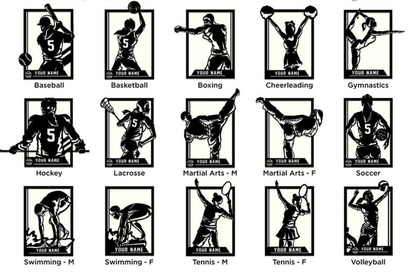 May include: Black and white silhouette designs of various sports figures, including baseball, basketball, boxing, cheerleading, gymnastics, hockey, lacrosse, martial arts, soccer, swimming, tennis, and volleyball. Each design includes the number 5 and space for a name.