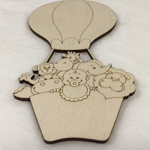 Baby & Baby Animals In Hot Air Balloon - Unfinished Wood Cutouts, Craft Projects, Cut Outs, Nursery Shower Gift, DIY, Paint Yourself