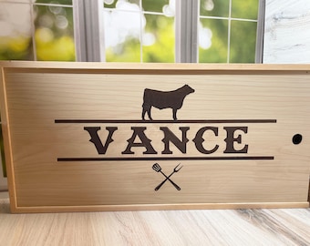 Personalized BBQ Set, Boxed Wooden BBQ Tools, Custom Grill Set, Stainless Steel BBQ Utensils, Gift for Him, Fathers Day Gift, Grill Master