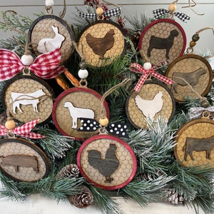 Farmhouse Christmas Ornaments Embellished, Farm Animal Ornaments, Cow, Steer, Heifer, Rooster, Chicken, Hen, Lamb, Goat, Rabbit, Pig