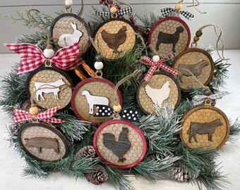 Farmhouse Christmas Ornaments Embellished, Farm Animal Ornaments, Cow, Steer, Heifer, Rooster, Chicken, Hen, Lamb, Goat, Rabbit, Pig