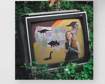 Dinosaur Weather Girl Collage Art Print "Barometric Brontosaurus" : Vintage TV in Dystopian Field