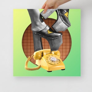 May include: A yellow rotary dial phone with a black cord. A woman's leg wearing a black and white platform shoe is stepping on the phone.