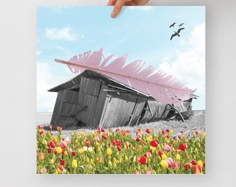 Collage Art Print "Strong As A Feather" - Pink Feather Crushes Barn Beside Beautiful Tulip Field