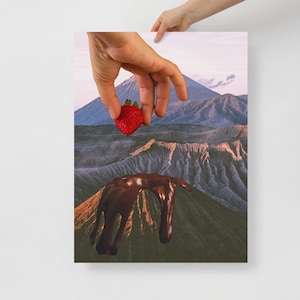 Forbidden Fondue Delight: Whimsical Collage Art Print with Juicy Strawberry and Hot Chocolate Volcano, Gift To Chocolate Lovers Everywhere