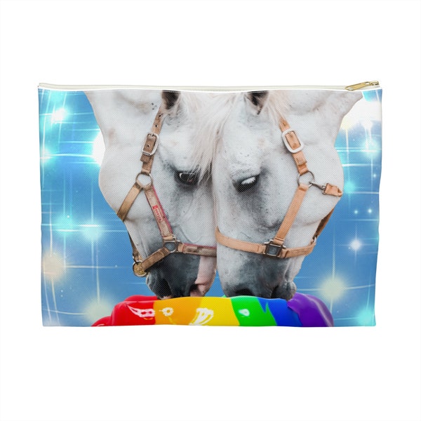 Surreal Collage Art Accessory Pouch - Pooping Rainbows, White Horses, Rainbow-Colored Feed
