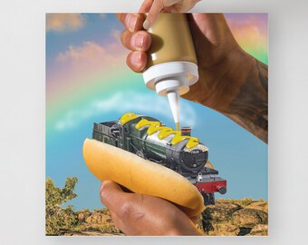 Whimsical Train in a Hot Dog Bun: &quot;On A Roll&quot; Collage Art Print - Summer Fun Decor